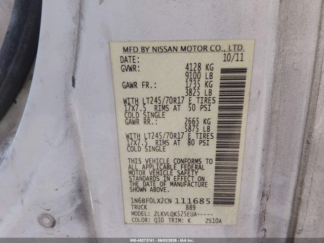 45273741 :رقم المزاد ، 1N6BF0LX2CN111685 vin ، 2012 Nissan Nv 2500 Nv2500 Hd S V6 مزاد بيع