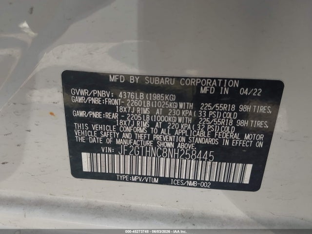 45273748 :رقم المزاد ، JF2GTHNC8NH258445 vin ، 2022 Subaru Crosstrek Limited مزاد بيع