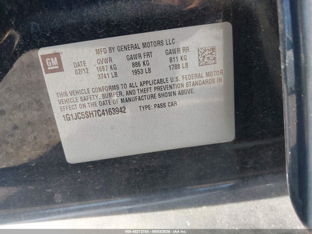 45273754 :رقم المزاد ، 1G1JC5SH7C4163942 vin ، 2012 Chevrolet Sonic 2lt مزاد بيع