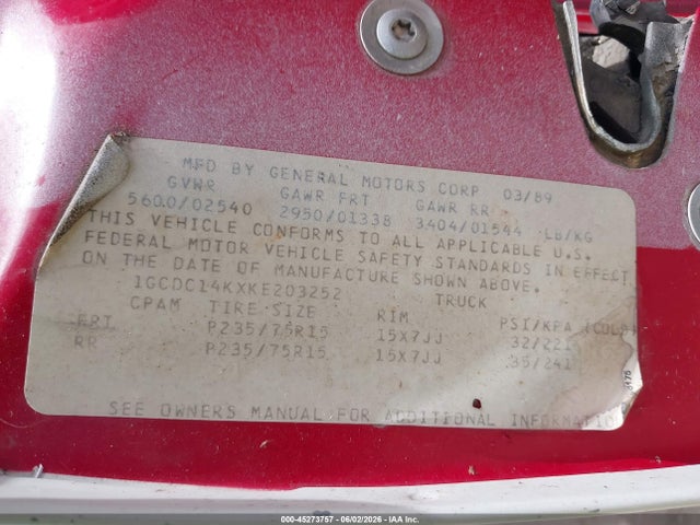 Продаж на аукціоні авто 1989 Chevrolet Gmt-400 C1500, vin: 1GCDC14KXKE203252, номер лоту: 45273757