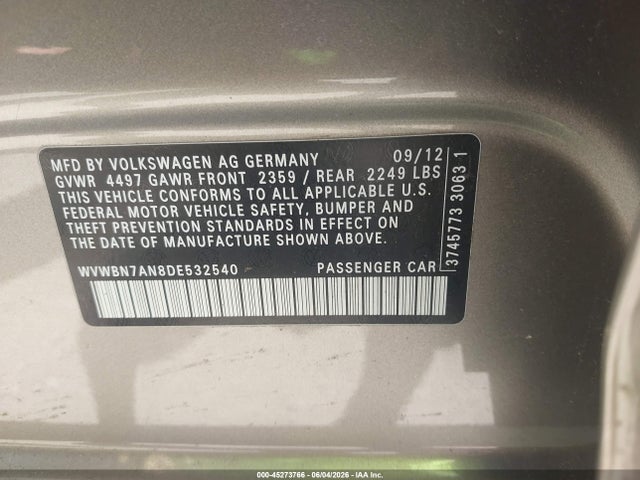 45273766 :رقم المزاد ، WVWBN7AN8DE532540 vin ، 2013 Volkswagen Cc 2.0t Sport مزاد بيع