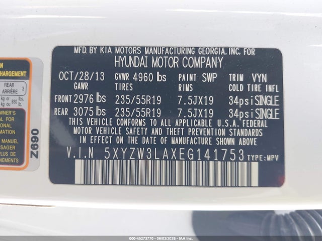 Aukcja sprzedaży 2014 Hyundai Santa Fe Sport 2.0l Turbo, vin: 5XYZW3LAXEG141753, numer aukcji: 45273770