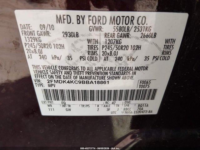 45273774 :رقم المزاد ، 2FMDK4KC9BBA18861 vin ، 2011 Ford Edge Limited مزاد بيع