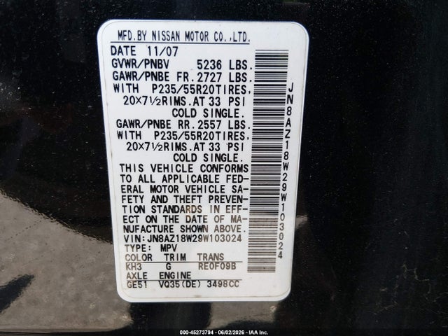 2009 Nissan Murano Le მანქანა იყიდება აუქციონზე, vin: JN8AZ18W29W103024, აუქციონის ნომერი: 45273794