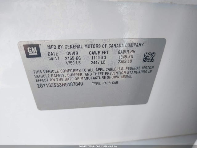 45273799 :رقم المزاد ، 2G1105S33H9187849 vin ، 2017 Chevrolet Impala 1lt مزاد بيع