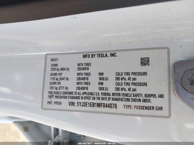Aukcja sprzedaży 2021 Tesla Model 3 Long Range, vin: 5YJ3E1EB1MF044076, numer aukcji: 45273817