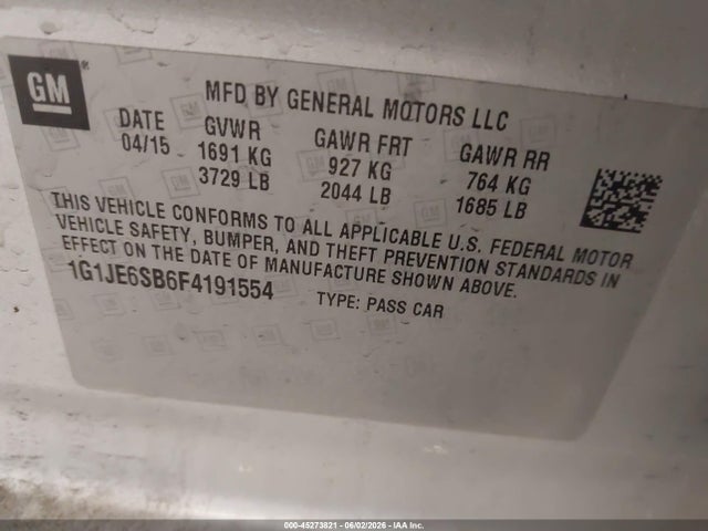 Продаж на аукціоні авто 2015 Chevrolet Sonic Ltz Auto, vin: 1G1JE6SB6F4191554, номер лоту: 45273821