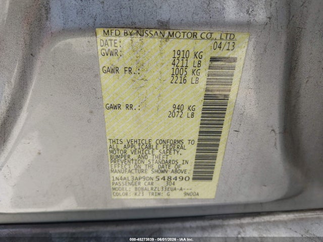 45273839 :رقم المزاد ، 1N4AL3AP9DN548490 vin ، 2013 Nissan Altima 2.5 S مزاد بيع
