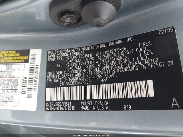 2005 Toyota Sienna Le მანქანა იყიდება აუქციონზე, vin: 5TDZA23CX5S290385, აუქციონის ნომერი: 45273846