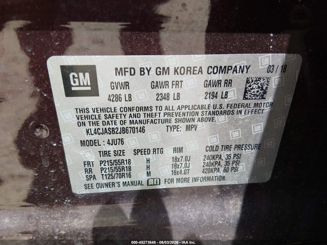 45273848 :رقم المزاد ، KL4CJASB2JB670146 vin ، 2018 Buick Encore Preferred مزاد بيع