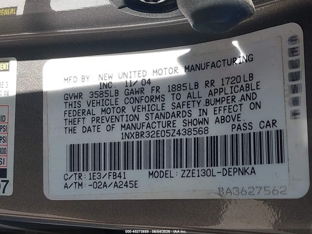 45273859 :رقم المزاد ، 1NXBR32E05Z438568 vin ، 2005 Toyota Corolla Le مزاد بيع