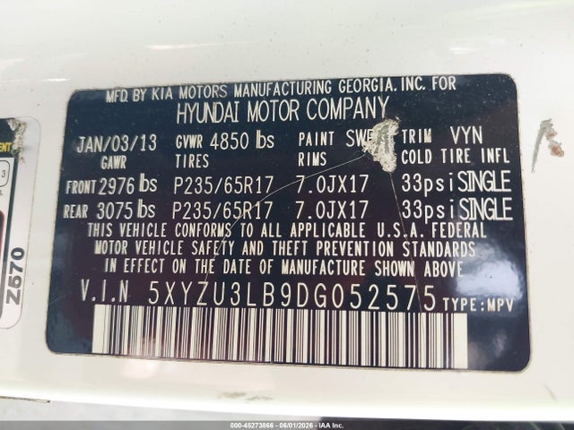 45273866 :رقم المزاد ، 5XYZU3LB9DG052575 vin ، 2013 Hyundai Santa Fe Sport مزاد بيع