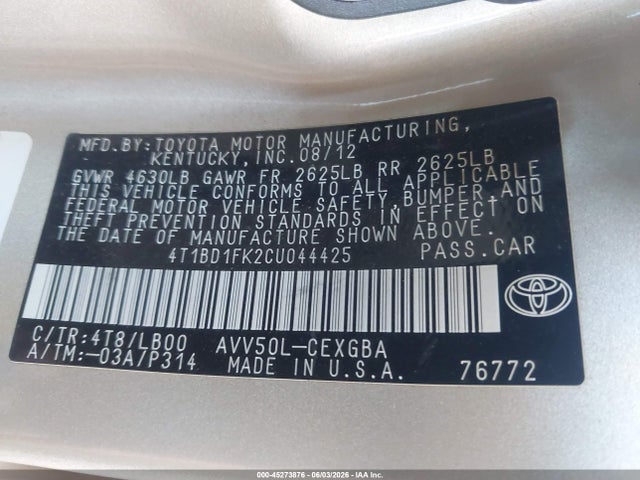 Aukcja sprzedaży 2012 Toyota Camry Hybrid Xle, vin: 4T1BD1FK2CU044425, numer aukcji: 45273876