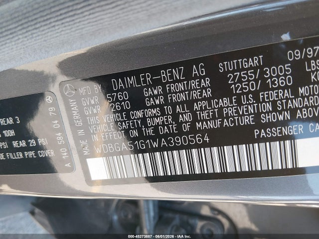 1998 Mercedes-benz S 500 მანქანა იყიდება აუქციონზე, vin: WDBGA51G1WA390564, აუქციონის ნომერი: 45273887