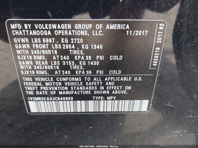 2018 Volkswagen Atlas 3.6l V6 Sel მანქანა იყიდება აუქციონზე, vin: 1V2MR2CA3JC540903, აუქციონის ნომერი: 45273889