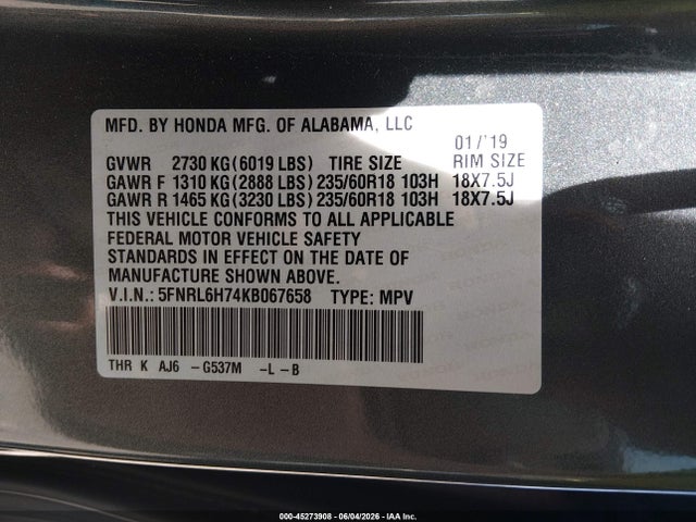Aukcja sprzedaży 2019 Honda Odyssey Ex-l, vin: 5FNRL6H74KB067658, numer aukcji: 45273908