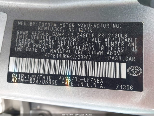 45273918 :رقم المزاد ، 4T1B11HK6KU729967 vin ، 2019 Toyota Camry Le مزاد بيع