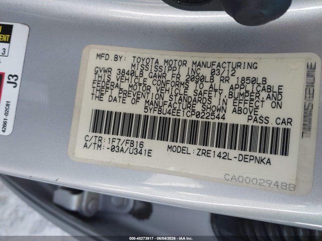 Продаж на аукціоні авто 2012 Toyota Corolla Le, vin: 5YFBU4EE1CP022544, номер лоту: 45273917