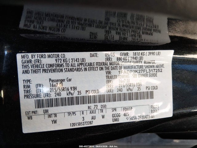 Продажа на аукционе авто 2015 Ford Focus Se, vin: 1FADP3K27FL317252, номер лота: 45273924