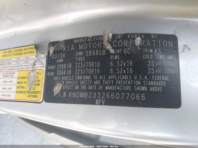 Aukcja sprzedaży 2006 Kia Sedona Ex/lx, vin: KNDMB233266077066, numer aukcji: 45273926