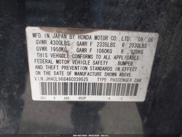 Продажа на аукционе авто 2006 Acura Tsx, vin: JH4CL96846C039525, номер лота: 45273940
