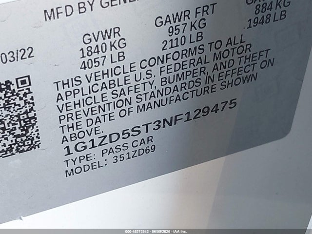 1G1ZD5ST3NF129475 Chevrolet Malibu Fwd Lt