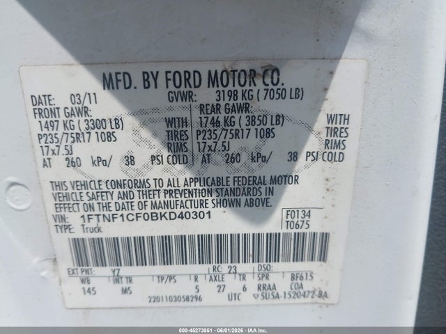 Aukcja sprzedaży 2011 Ford F-150 Xlt, vin: 1FTNF1CF0BKD40301, numer aukcji: 45273951