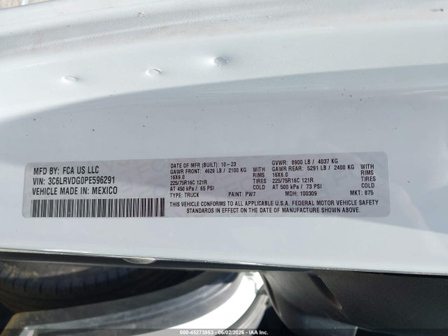 Продажа на аукционе авто 2023 Ram Promaster 2500 High Roof 159 Wb, vin: 3C6LRVDG0PE596291, номер лота: 45273953
