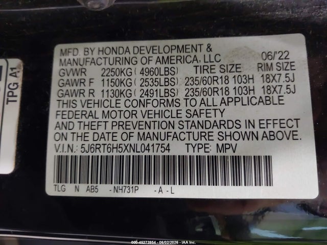 Aukcja sprzedaży 2022 Honda Cr-v Hybrid Ex, vin: 5J6RT6H5XNL041754, numer aukcji: 45273954