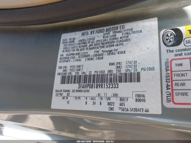 Aukcja sprzedaży 2009 Ford Fusion Sel, vin: 3FAHP08189R152333, numer aukcji: 45273956