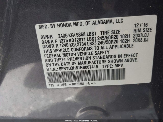 Aukcja sprzedaży 2017 Acura Mdx Technology Package, vin: 5FRYD3H51HB007415, numer aukcji: 45273957