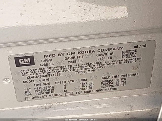 2019 Buick Encore Fwd Preferred მანქანა იყიდება აუქციონზე, vin: KL4CJASB3KB712390, აუქციონის ნომერი: 45273966