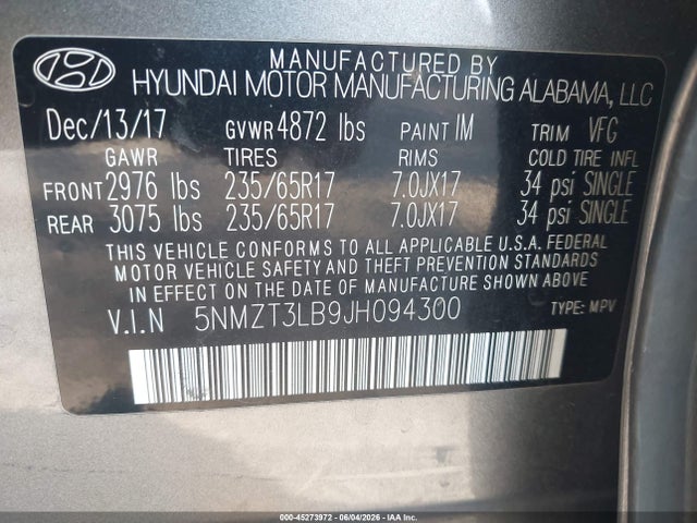 Продажа на аукционе авто 2018 Hyundai Santa Fe Sport 2.4l, vin: 5NMZT3LB9JH094300, номер лота: 45273972