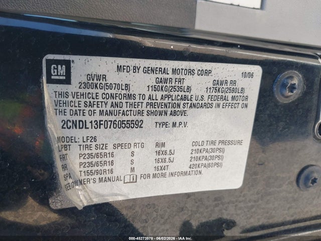 45273978 :رقم المزاد ، 2CNDL13F076055592 vin ، 2007 Chevrolet Equinox Ls مزاد بيع