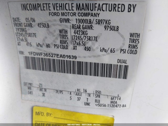 Продажа на аукционе авто 2007 Ford F-350 Chassis Xl/xlt, vin: 1FDWF36527EA01639, номер лота: 45273982