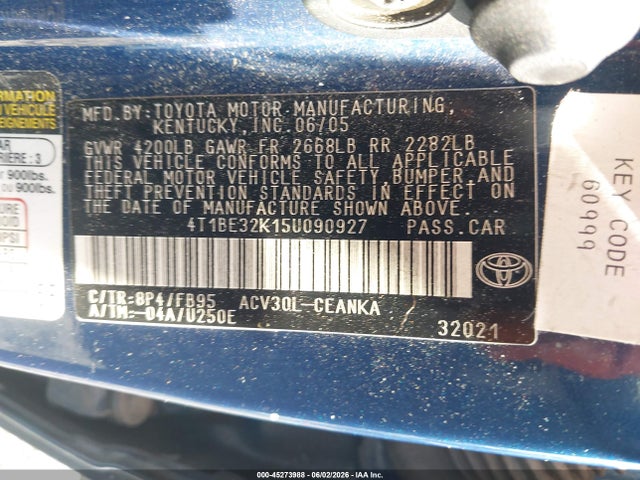 2005 Toyota Camry Le მანქანა იყიდება აუქციონზე, vin: 4T1BE32K15U090927, აუქციონის ნომერი: 45273988