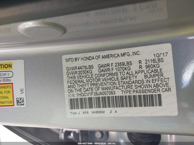 Продажа на аукционе авто 2018 Honda Accord Sport, vin: 1HGCV1F39JA007063, номер лота: 45273996