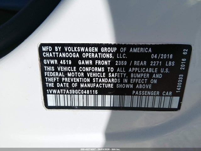 Aukcja sprzedaży 2016 Volkswagen Passat 1.8t S, vin: 1VWAT7A39GC048115, numer aukcji: 45274007