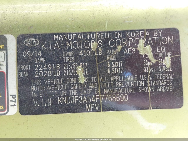 2015 Kia Soul + მანქანა იყიდება აუქციონზე, vin: KNDJP3A54F7768690, აუქციონის ნომერი: 45274026
