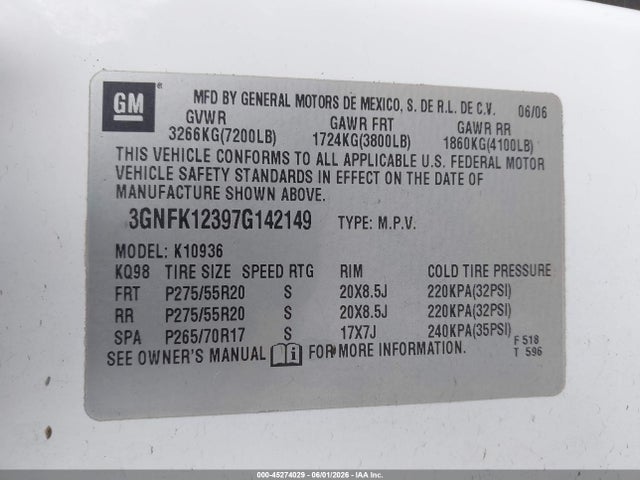 Продаж на аукціоні авто 2007 Chevrolet Avalanche 1500 Lt, vin: 3GNFK12397G142149, номер лоту: 45274029