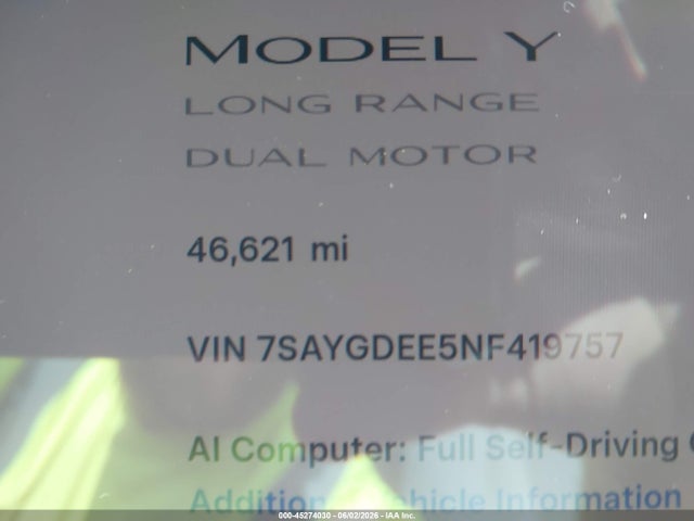 Aukcja sprzedaży 2022 Tesla Model Y Long Range Dual Motor All-wheel Drive, vin: 7SAYGDEE5NF419757, numer aukcji: 45274030