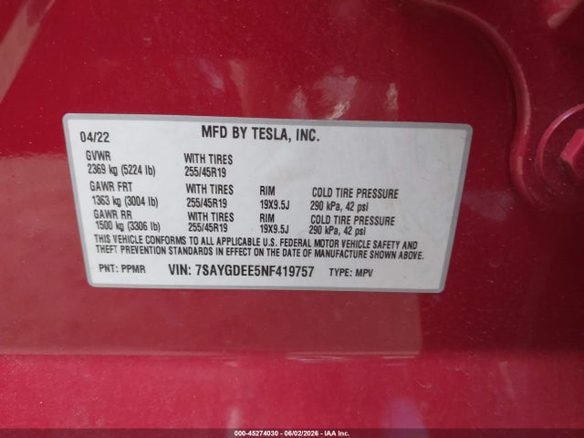Aukcja sprzedaży 2022 Tesla Model Y Long Range Dual Motor All-wheel Drive, vin: 7SAYGDEE5NF419757, numer aukcji: 45274030