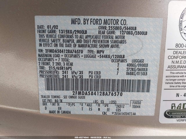 Aukcja sprzedaży 2002 Ford Windstar Limited, vin: 2FMDA58412BA76570, numer aukcji: 45274044