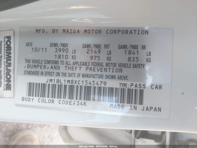 Aukcja sprzedaży 2012 Mazda Mazda3 I Grand Touring, vin: JM1BL1M8XC1545479, numer aukcji: 45274049