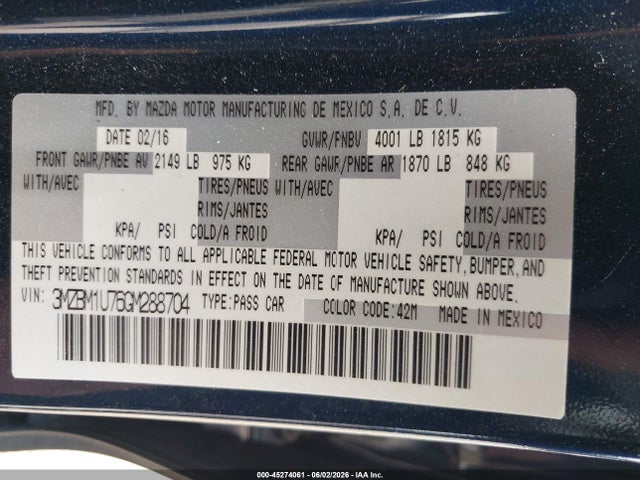 2016 Mazda Mazda3 I Sport მანქანა იყიდება აუქციონზე, vin: 3MZBM1U76GM288704, აუქციონის ნომერი: 45274061