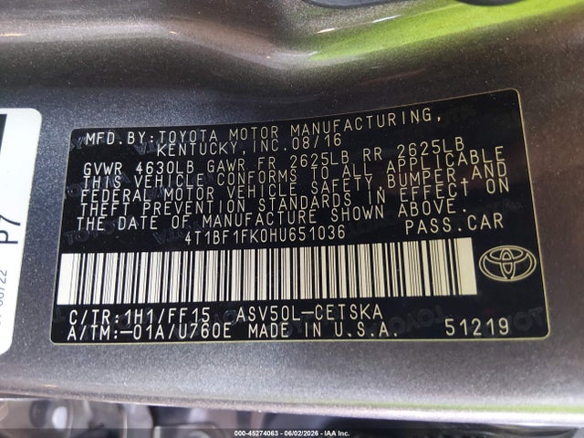 45274063 :رقم المزاد ، 4T1BF1FK0HU651036 vin ، 2017 Toyota Camry Se مزاد بيع