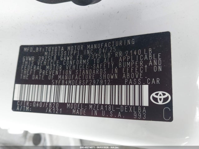 Продажа на аукционе авто 2025 Toyota Corolla Le, vin: 5YFB4MDE8SP297912, номер лота: 45274071