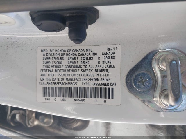 2012 Honda Civic Ex მანქანა იყიდება აუქციონზე, vin: 2HGFB2F88CH583027, აუქციონის ნომერი: 45274075