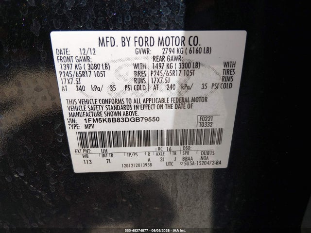 Aukcja sprzedaży 2013 Ford Explorer, vin: 1FM5K8B83DGB79550, numer aukcji: 45274077
