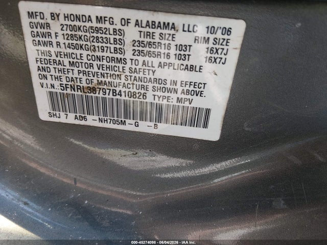 Aukcja sprzedaży 2007 Honda Odyssey Ex-l, vin: 5FNRL38797B410826, numer aukcji: 45274098